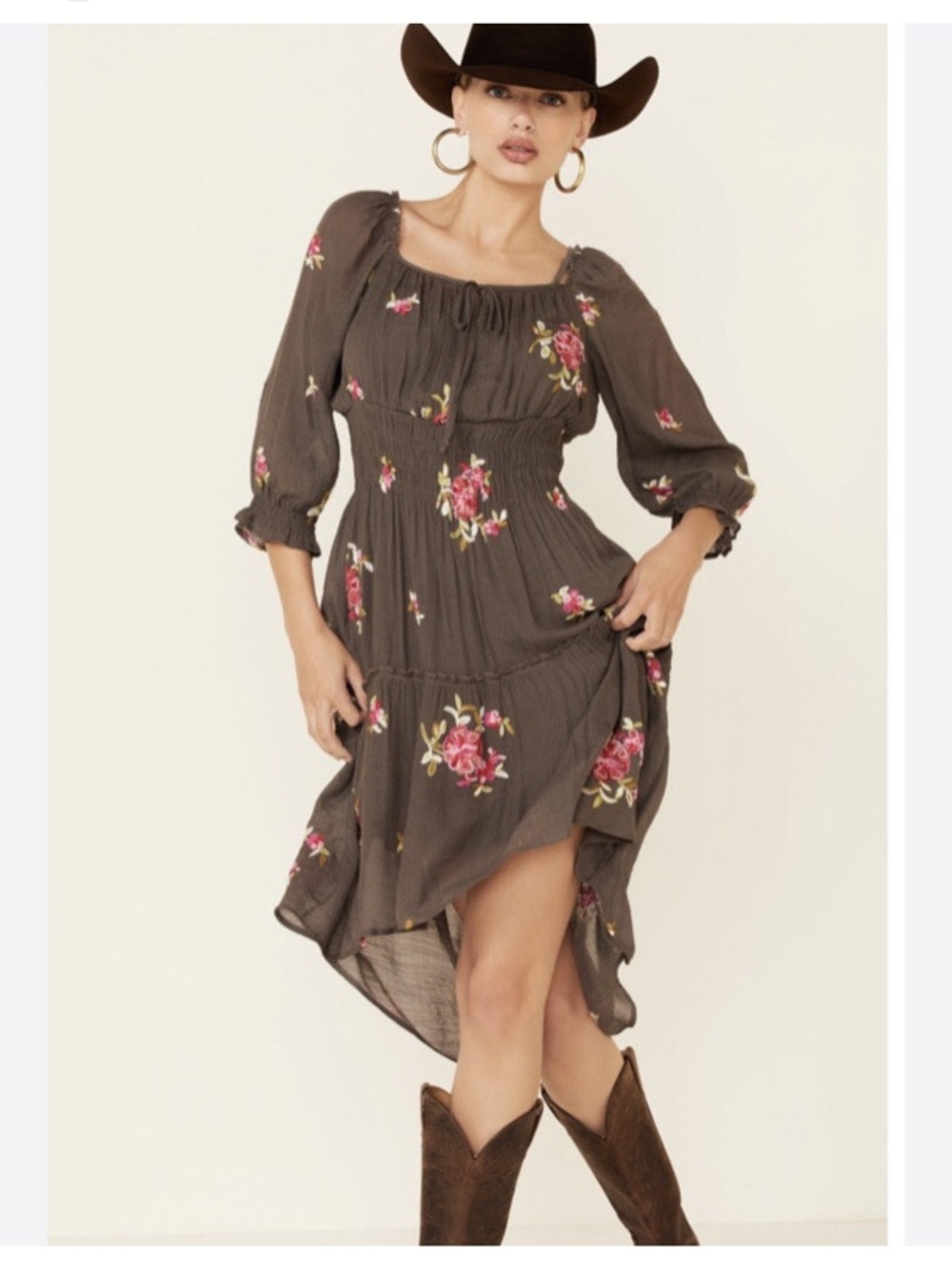 Figueroa & Flower sz S dress floral cottage Gauze peasant embroidered brown pink